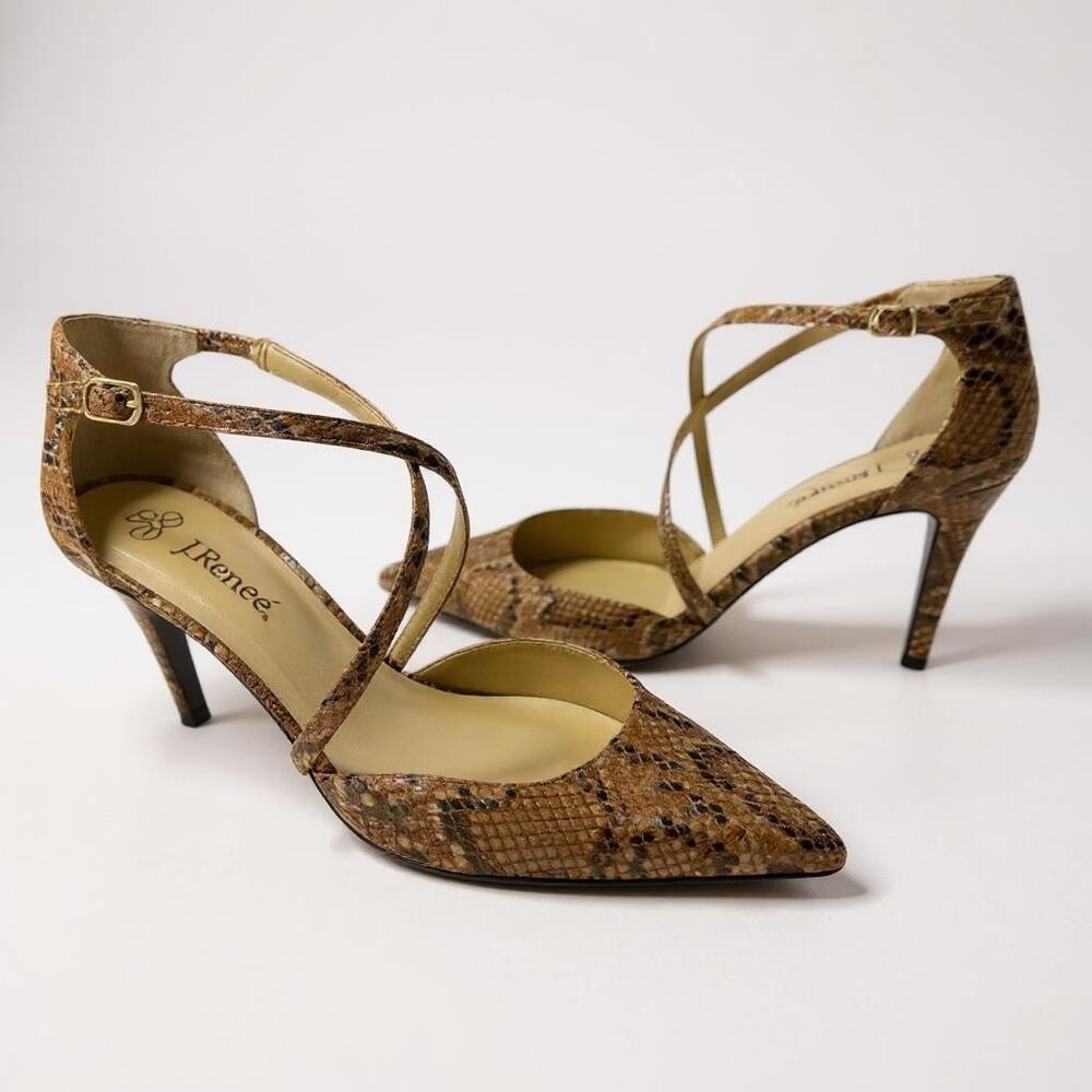 J.Renee Snake Print Pointed Toe Strappy Heels in Brown